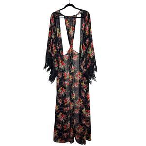 Reverse Floral Sheer Chiffon Duster Long Sleeve Lace Trim Boho Festival Kimono M